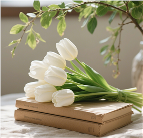 牛皮纸书籍上的白色郁金香图片